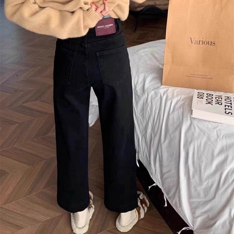 秋冬加绒加厚黑色九分直筒裤女大码胖妹妹高腰显瘦弹力阔腿牛仔裤