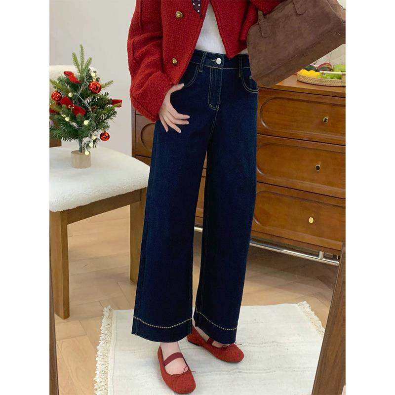 加绒加厚深蓝色直筒牛仔裤女冬季新款胖妹妹mm宽松显瘦弹力阔腿裤