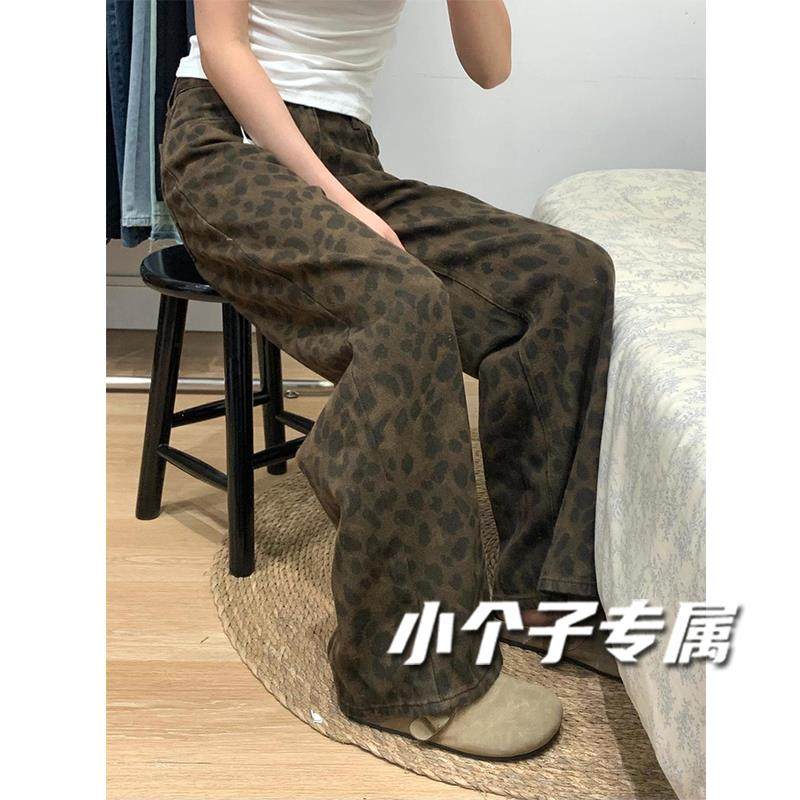 小个子美式覆古豹纹牛仔裤女款裤子夏季新款今年流行爆款直筒长裤