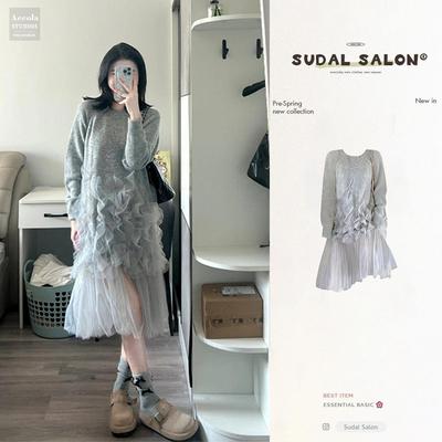 法式气质高级感超仙网纱薄款拼接长袖连衣裙秋冬款小个子叠穿长裙