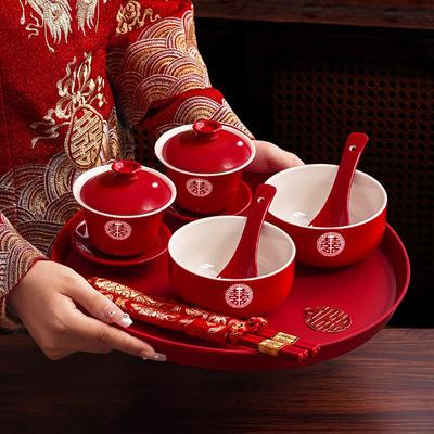 喜碗结婚对碗筷套装红碗一对婚礼改口敬茶杯敬酒女方陪嫁用品大全
