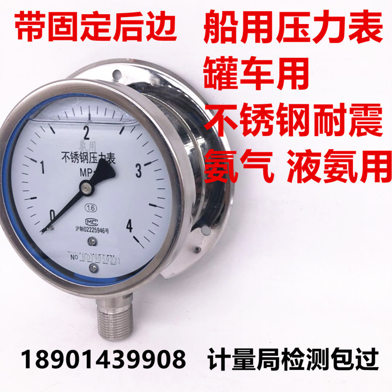 杭州富阳上海带后边304不锈钢耐震压力表YN100BFT罐车船氨用抗振