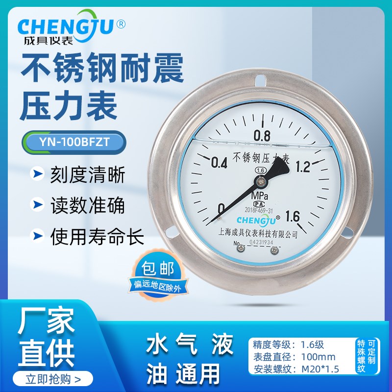 上海成具仪表YN-100BFZT全不锈钢耐震轴向带边耐高温防腐耐低温