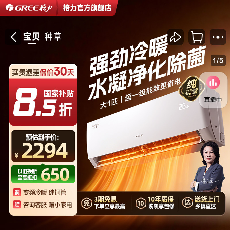 【政府补贴】格力空调大1匹变频新一级能效卧室家用冷暖挂机云欢