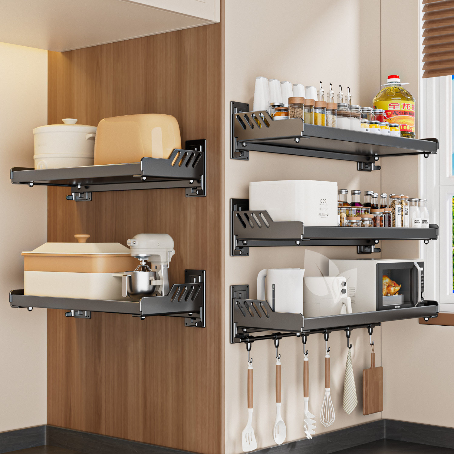 枪灰厨房调料置物架不锈钢免打孔家用壁挂油盐酱醋瓶罐墙上收纳架