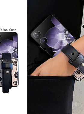 适用于小米mixflip2手机壳满屏黑色玫瑰折叠屏皮纹壳翻盖复古文艺时尚高级感腕带小米mixflip保护套