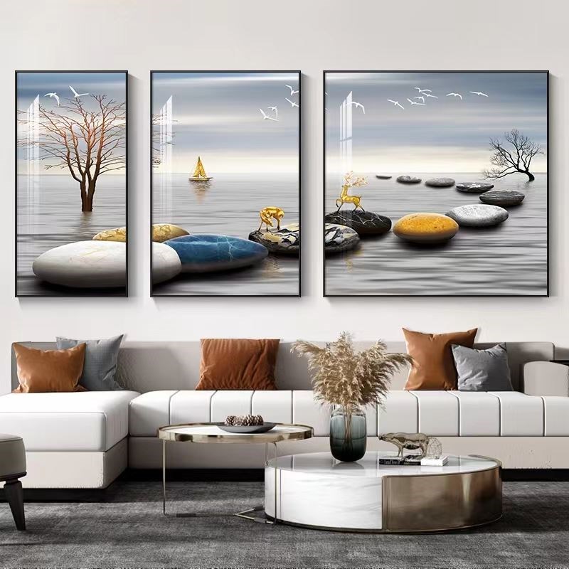 时来运转客厅装饰画高端大气沙发背景墙挂画轻奢客厅三联画定制画