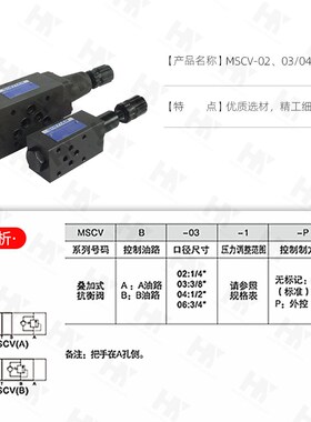 液压叠加式抗衡阀MSCV-02A/02B平衡阀MSCV-03A/03B调压阀MSCV-04A