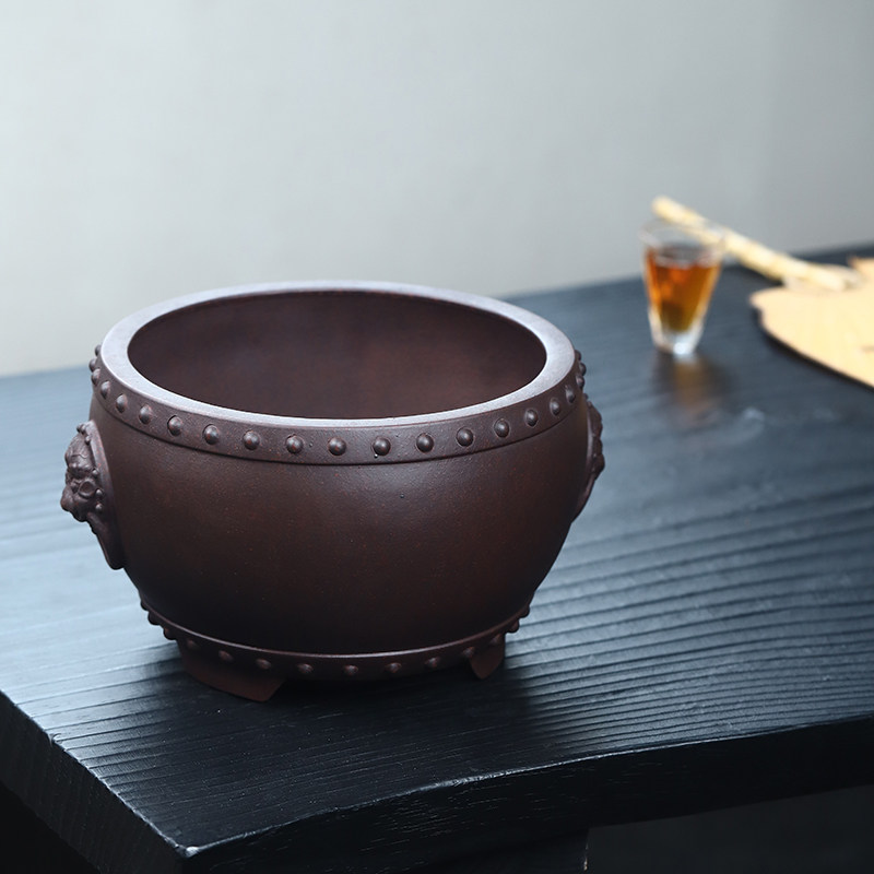 宜兴精品紫砂花盆古红泥手工兽耳鼓钉老桩盆景法师多肉榆树植物盆