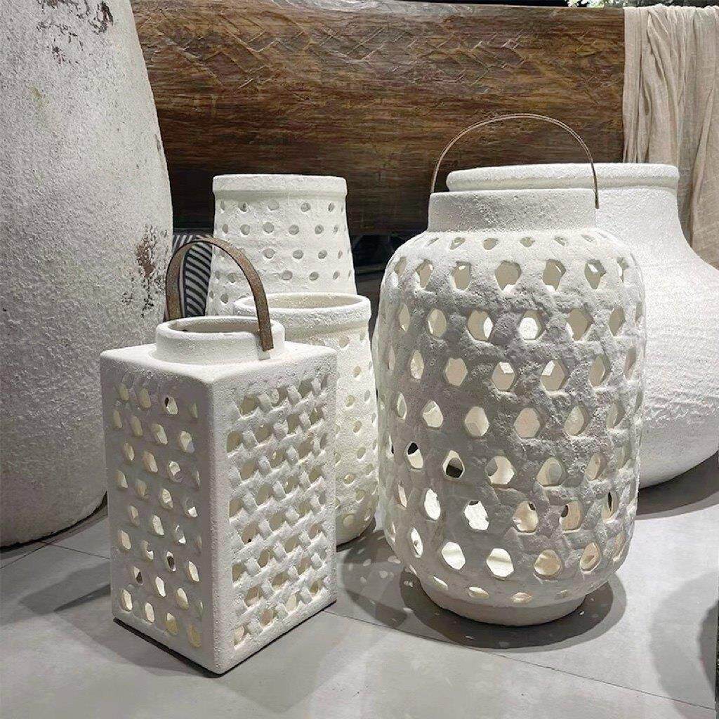 覆古白色庭院户外花瓶民宿酒店陶瓷防风灯样板间干 干燥花器大口