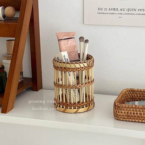 ins覆古藤编化妆刷收纳筒竹编笔筒高颜值桌面梳子眉笔整理收纳桶
