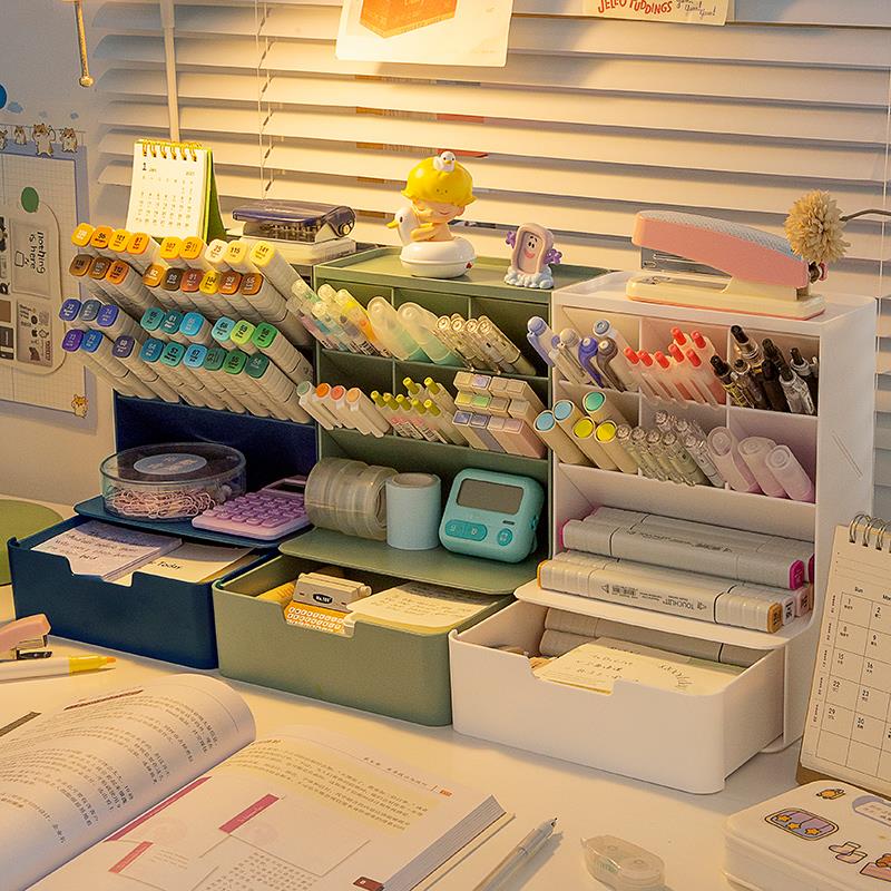 斜插式笔筒抽屉收纳盒学生麦克笔办公室桌面男孩女孩笔置物架K