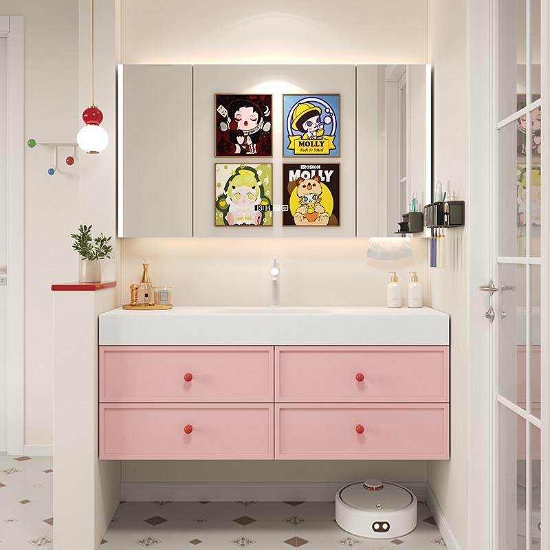 2025新款推荐多巴胺浴室柜组合可丽耐一体盆卫生间粉色洗漱台定制,家装主材,浴室柜组合,淘宝优惠券,粉丝福利购,淘宝优惠卷