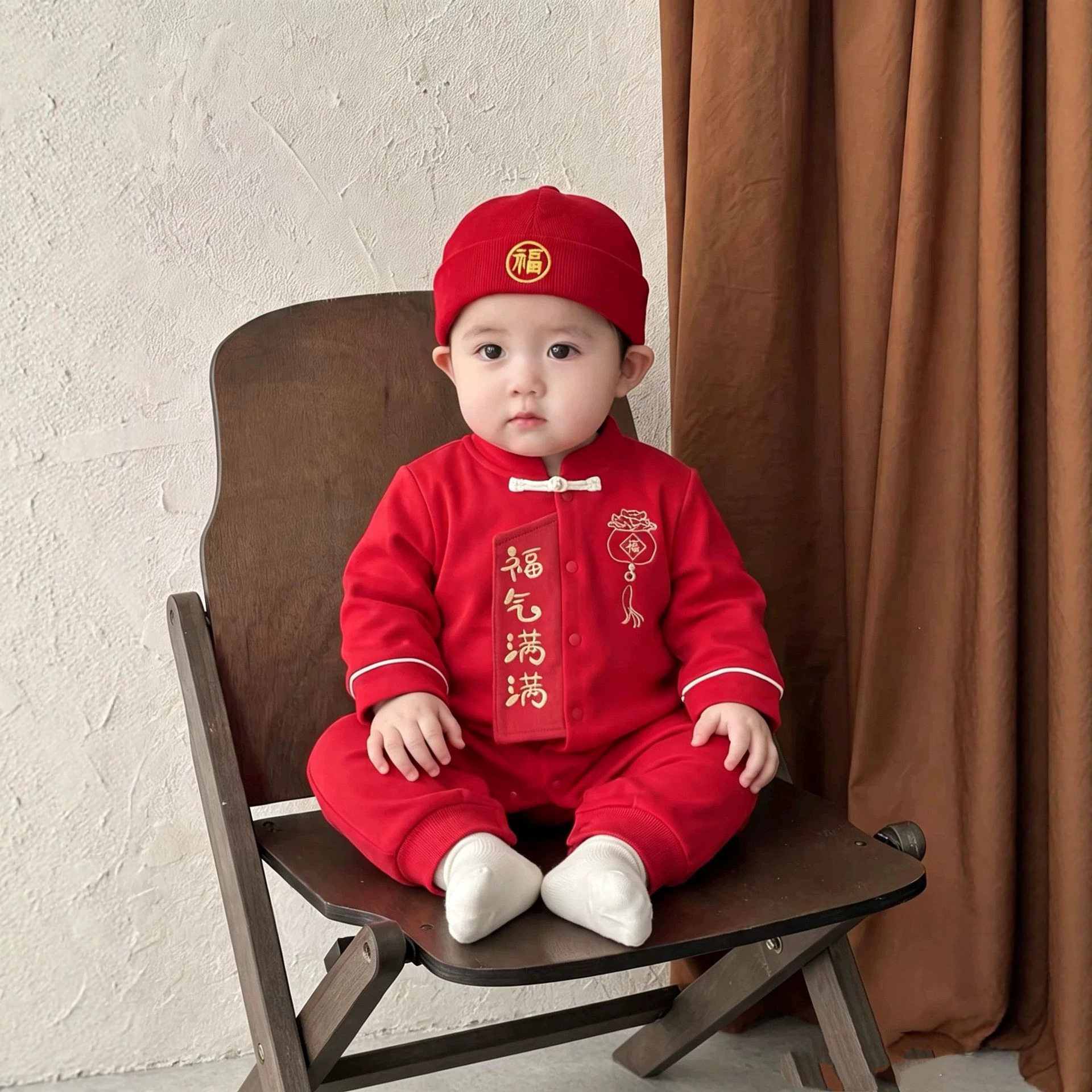 婴儿衣服连体春秋新中式国风喜庆抓周百天周岁礼服男宝宝红色秋装