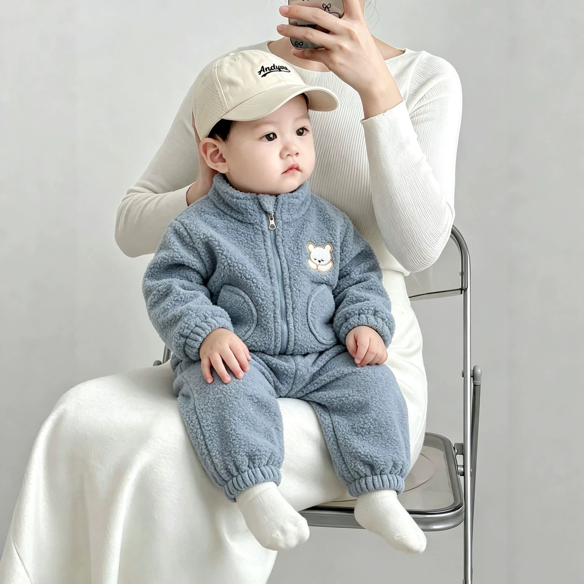 宝宝家居服套装秋冬季婴儿加绒保暖小熊两件套儿童羊羔绒加厚睡衣
