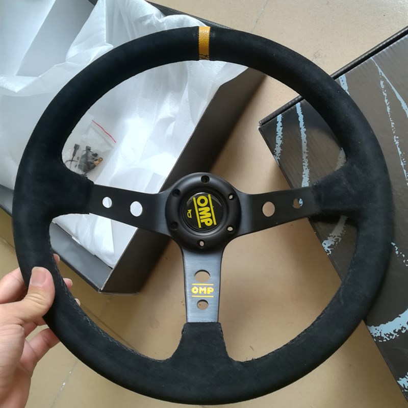 改装赛车14寸OMP方向盘绒毛翻皮毛通用方向盘中凹磨砂真皮方向盘