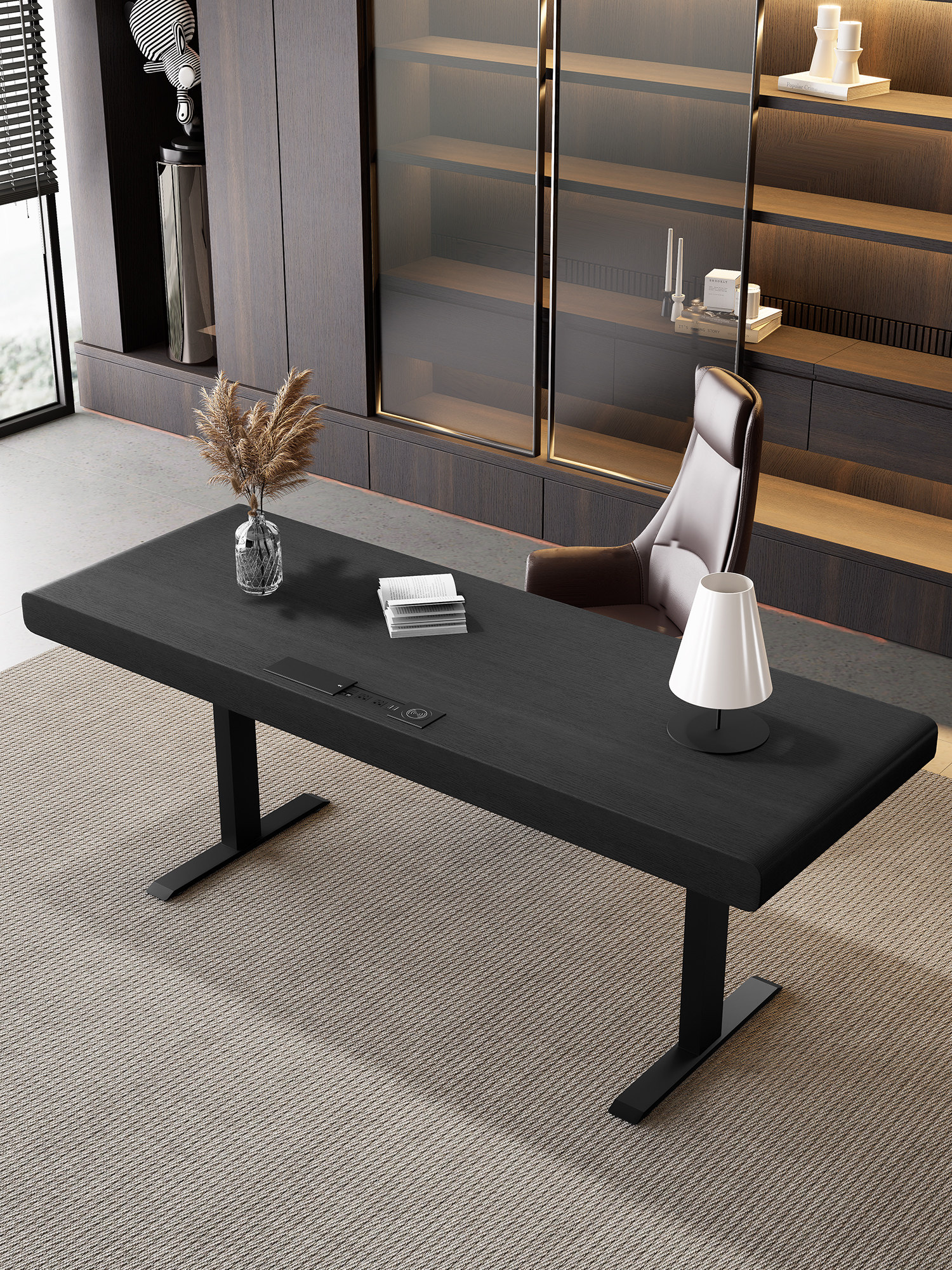 意式极简轻奢实木电动升降书桌工作台高级感现代客厅家用电脑桌子