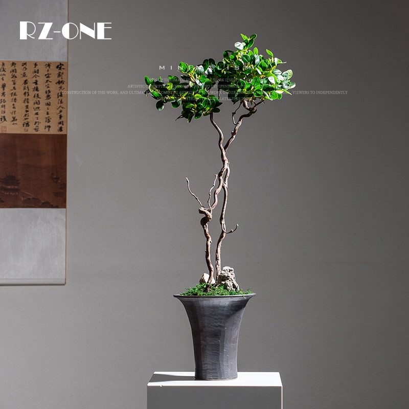 Rzone 新中式仿真迎客松中古小盆景蓝假松树样板房间书房茶室摆件