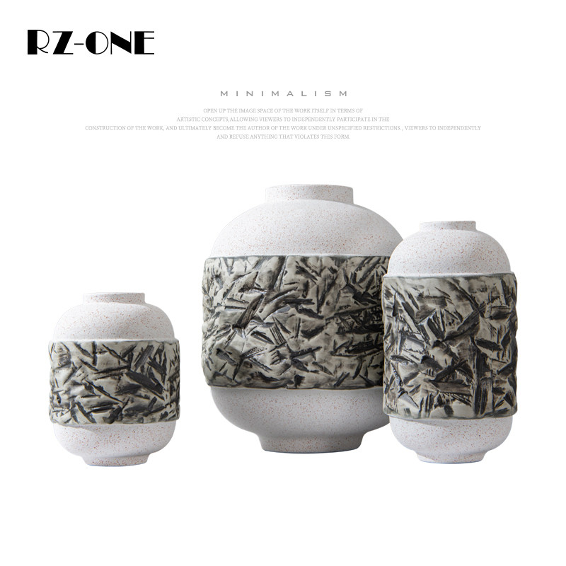 Rzone北欧ins风简约浮雕陶瓷雕花花瓶客厅创意轻奢干花装饰品摆件