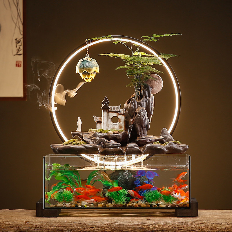 流水生财自循环喷泉金鱼缸中小型水族箱办公桌面装饰摆设开业礼品