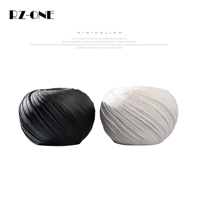 Rzone 现代简约黑色白色圆形螺纹陶瓷花瓶极简软装家具装饰品摆件