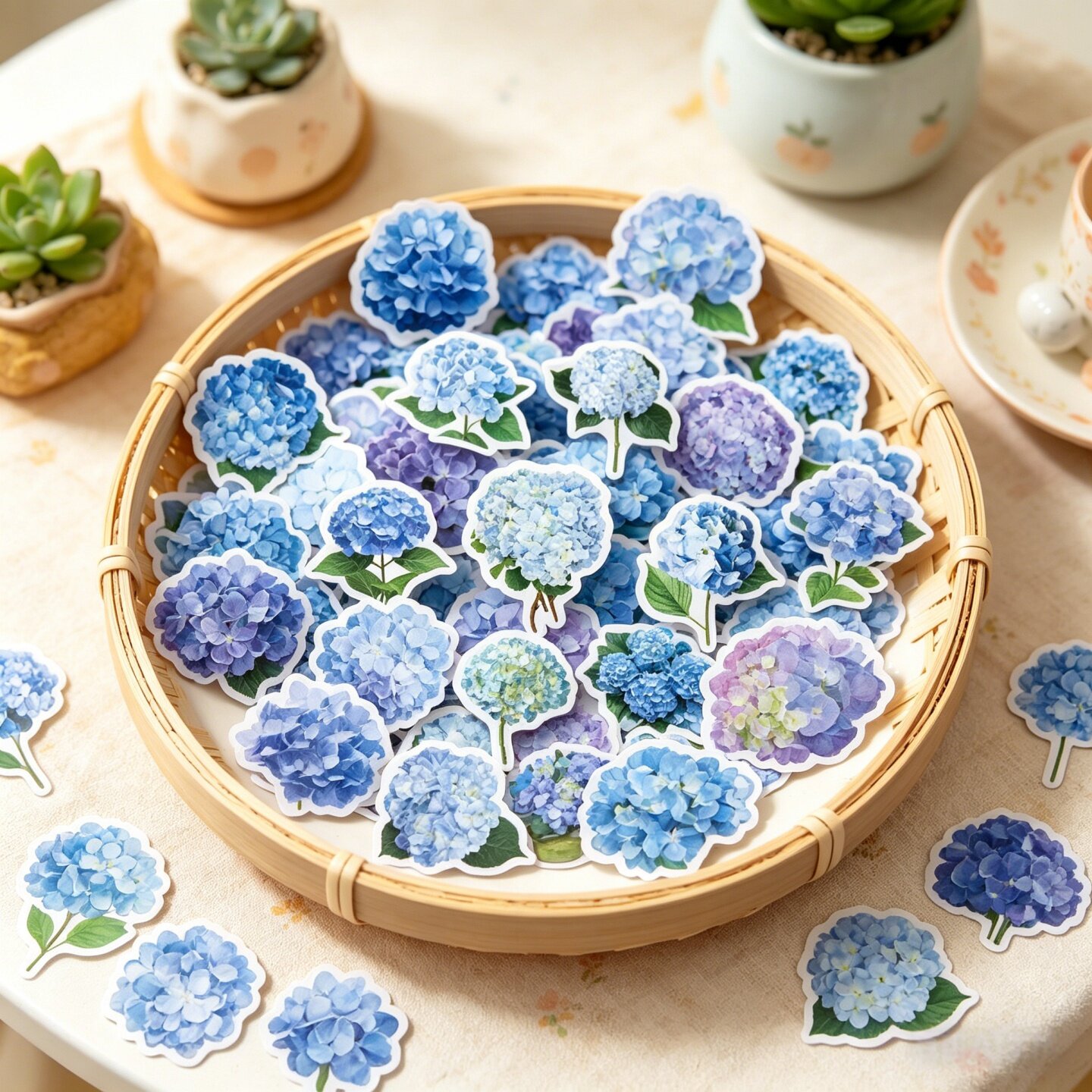 50张蓝色绣球花手账防水DIY贴纸