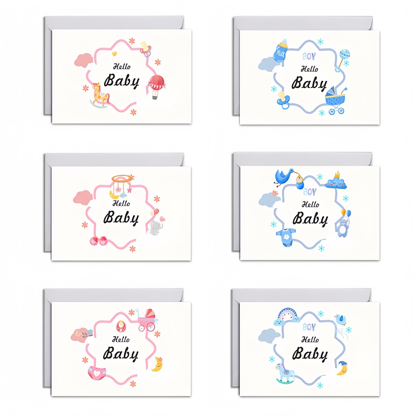 迎婴派对满月宴Hello Baby卡通婴儿贺卡明信片可爱新生儿祝福卡片信封带贴纸套装