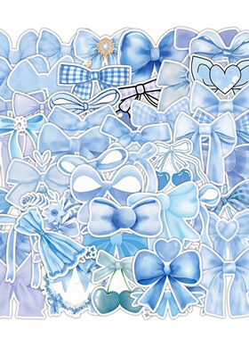 50张蓝色蝴蝶结bow立体标签贴纸可爱高颜值diy手机壳行李箱装饰笔记本电脑相框画鱼箱吉他头盔防水无痕贴画