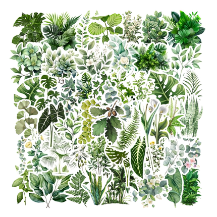 50张卡通INS风清新简约透明一树一叶绿植植物盆栽手账造景贴纸笔记本电脑手账本手机壳装饰头盔文具防水贴画