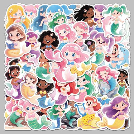 50张童话美人鱼公主卡通Q版创意手账贴纸装饰行李箱水杯收纳盒冰箱笔记本电脑头盔咕卡防水无痕不留胶贴