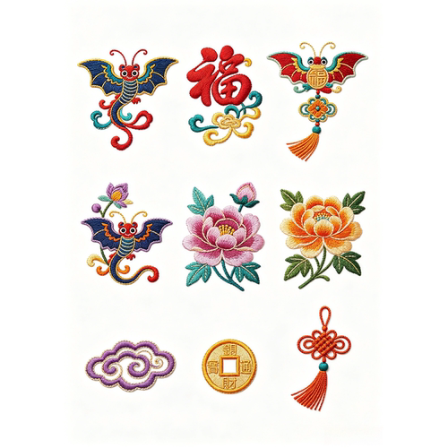 中国风刺绣花卉蝴蝶蝙蝠小鸟福字