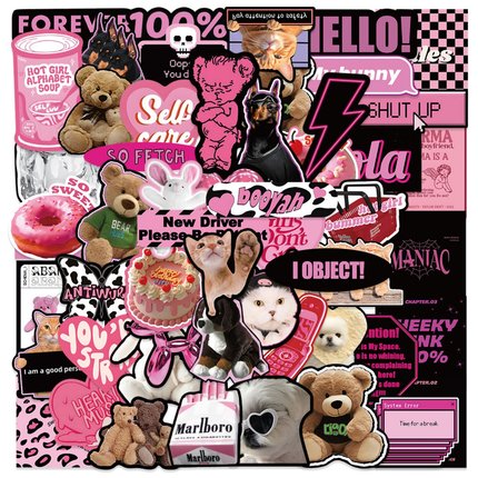 55张粉墨英文Y2K贴纸ins风韩国可爱卡通手机壳水杯手帐笔记本电脑平板滑板冰箱吉他滑板DIY装饰防水贴