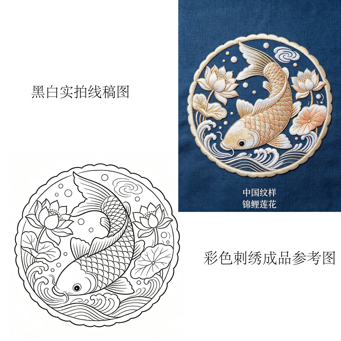 中国纹样圆形锦鲤牡丹花水溶刺绣补丁贴刺绣线稿图案刺绣水溶纸手龙凤呈祥与竹报平安无纺布刺绣绣花稳定剂