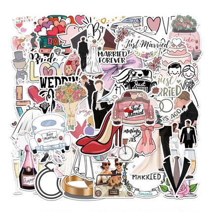 50贴卡通diy派对计划ins婚礼涂鸦贴纸结婚婚庆装饰行李箱水杯笔记本电脑冰箱吉他头盔滑板防水无痕不留胶贴画