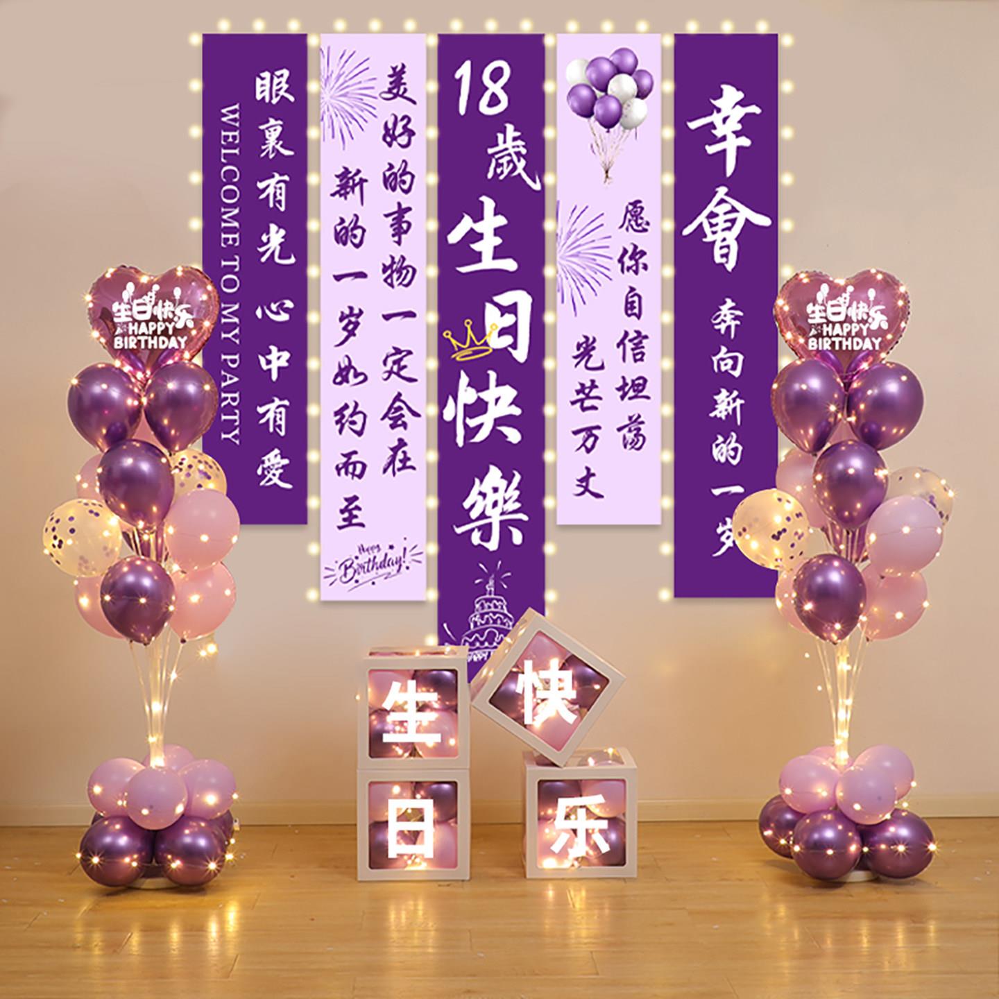 18岁成人礼紫色背景布ins风生日条幅挂毯房间客厅布置气球装饰品