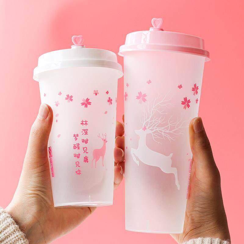 粉鹿磨砂注塑杯90口径500 700ml一次性塑料杯冷饮果茶果汁奶茶杯
