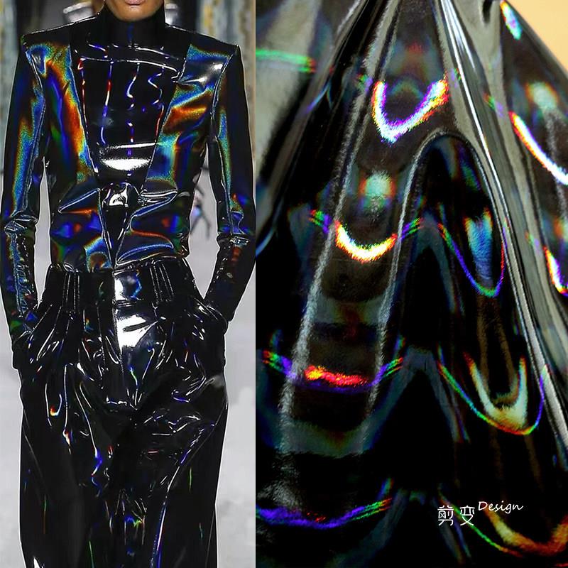 黑色幻镜软镭射幻彩渐变pu皮革设计师面料 diy包包外套服装布料
