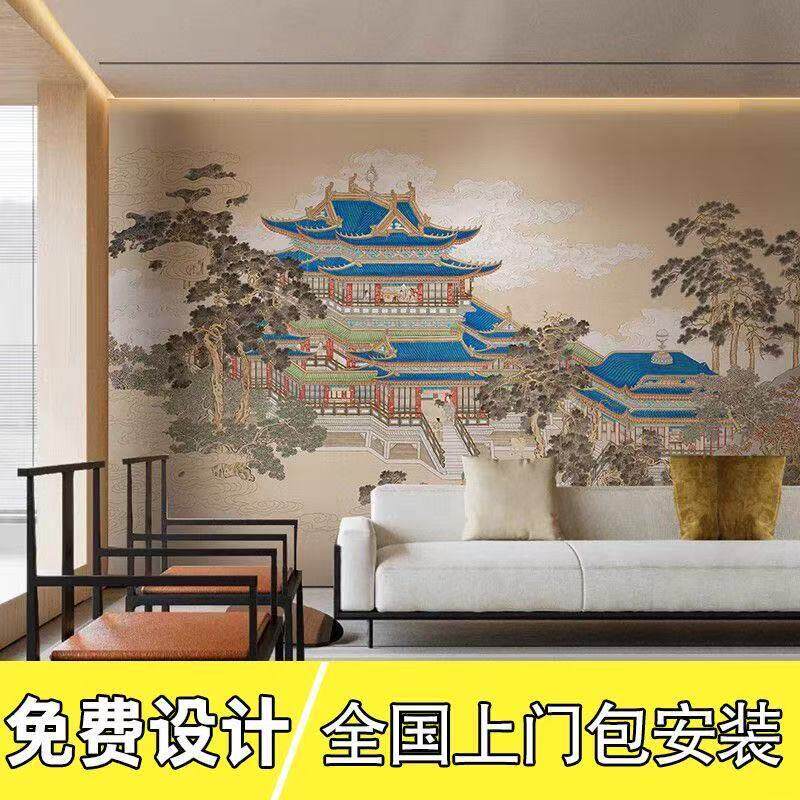 新中式古风宫廷楼阁墙布酒店装修浮雕墙纸背景墙壁画饭店硬包壁纸