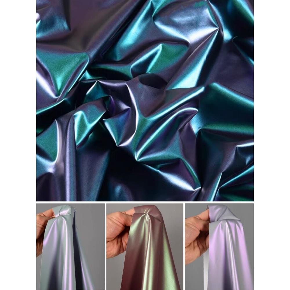 幻彩变色仿皮羽绒服布料 PU哑光膜科技感棉服防水炫彩流光面料