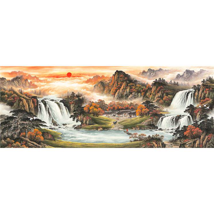 小六尺横幅 国画 精品山水【云山渔樵】未装裱 印刷品装饰画 T