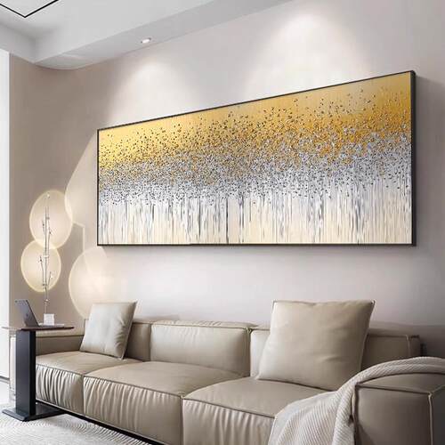 金色星辰大芬村横幅油画客厅挂画手绘抽象肌理感沙发背景墙装饰画
