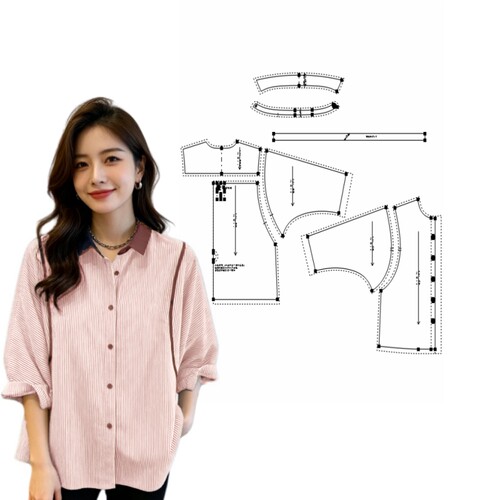 2157服装缝纫DIY裁剪图纸样拼接滚边条纹衬衣后褶宽松开衫女装
