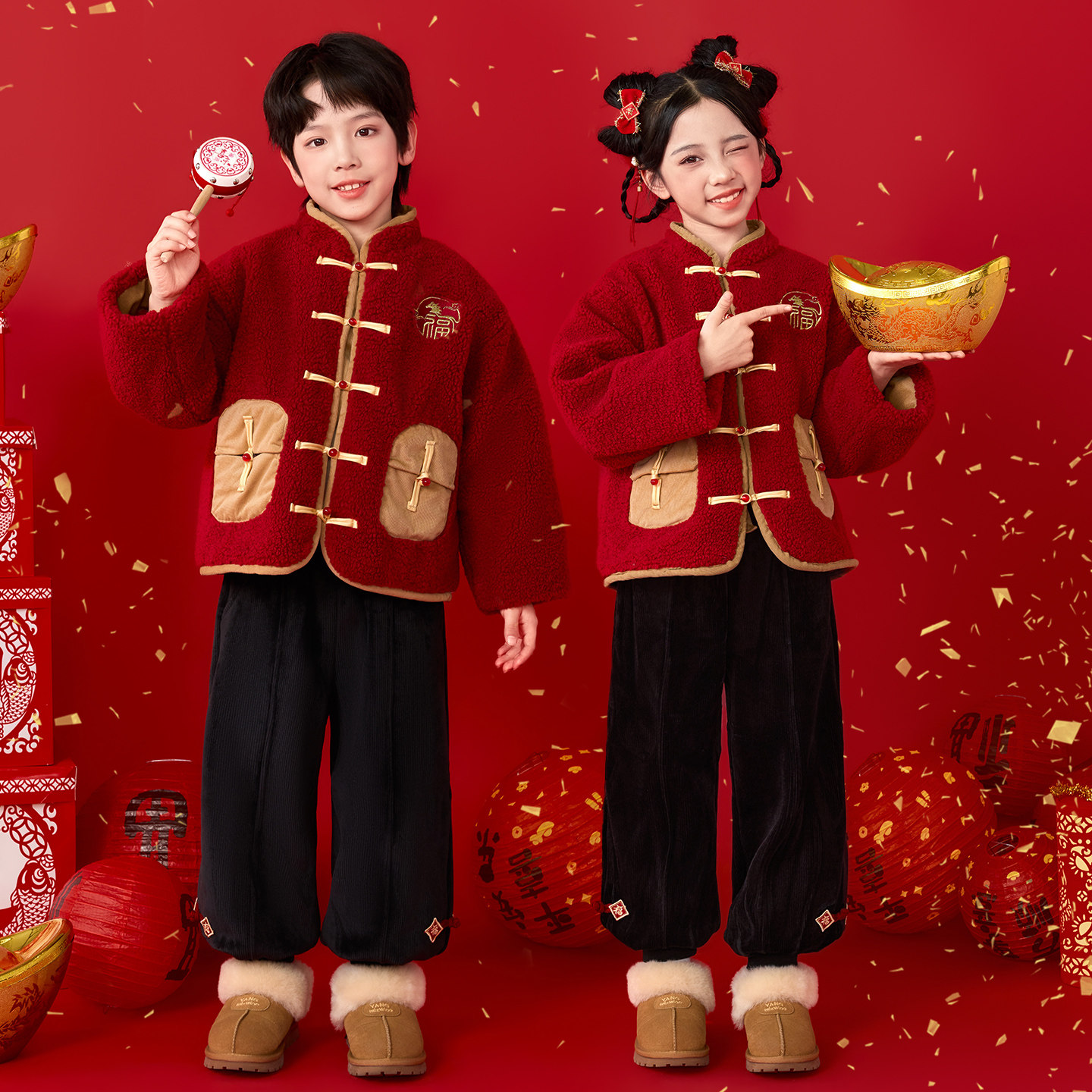 新款拜年服男女童演出服新儿童过年喜庆服唐装款国风宝宝周岁礼服