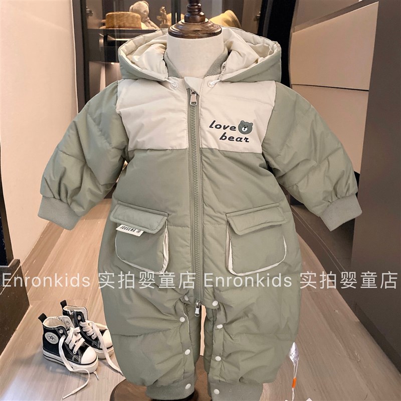 婴儿衣服小狗羽绒服连体衣秋冬季装新款男女宝宝外出抱衣加厚哈衣