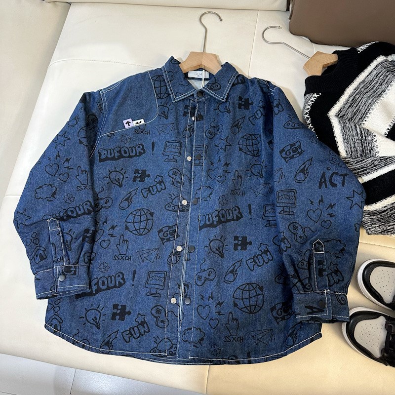 男童夹棉衬衫儿童棉服外套秋冬加厚2024新款洋气男孩牛仔衬衣潮酷