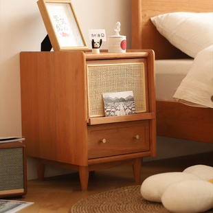 管木匠藤编床头柜实木35cm宽日式樱桃木迷你小型北欧简约置物架