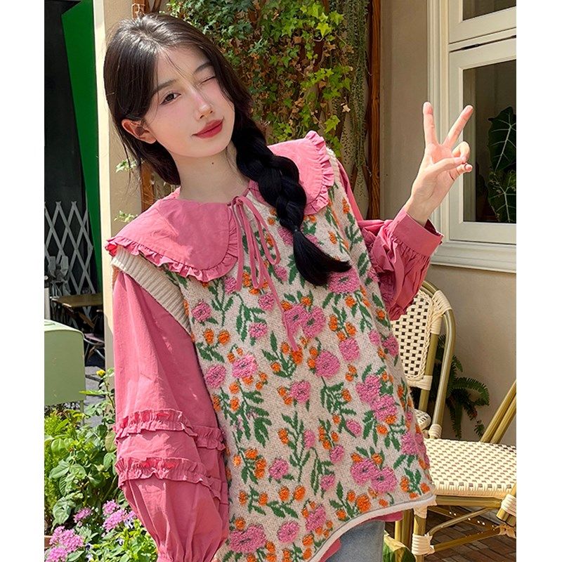 大码女装胖mm秋季时尚两件套立体花朵叠穿马甲+娃娃领设计感衬衫,女装/女士精品,大码套装,淘宝优惠券,粉丝福利购,淘宝优惠卷