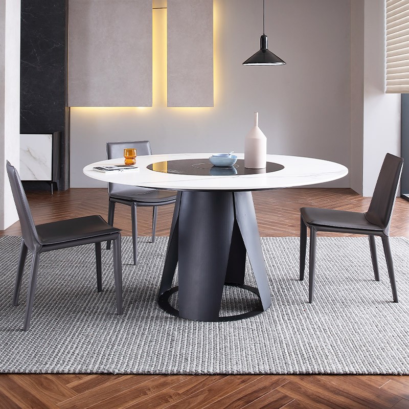 意式圆餐桌带电动转盘大户型家用大圆桌多功能电磁炉火锅岩板餐桌