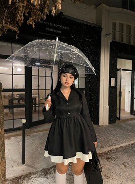 楠哥微胖mm秋冬2023新款法式西装黑色连衣裙女大码修身A字公主裙