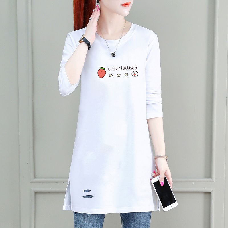 早秋上衣白色纯棉打底衫女宽松春秋新款中长款内搭叠穿长袖t恤女